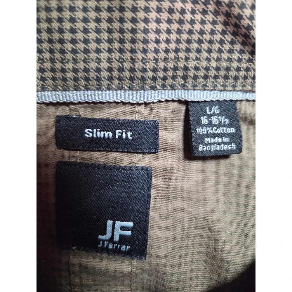J. Ferrar Mens Slim Fit Houndstooth Button Down Shirt Brown Black Long Sleeve L